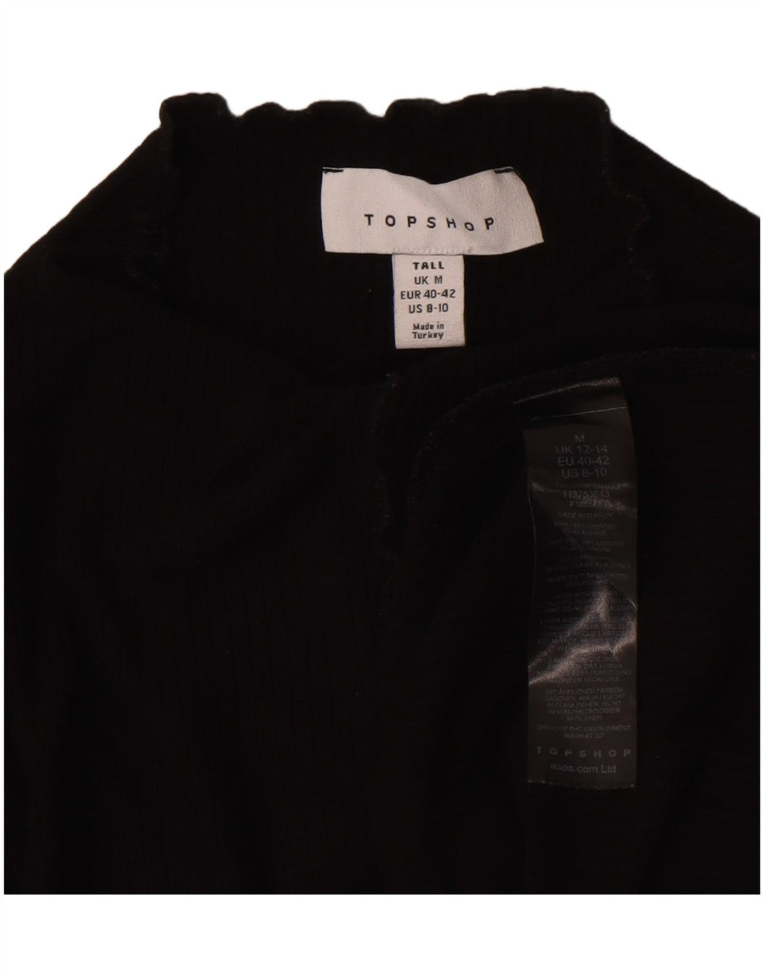 Topshop Top corto da donna alto manica lunga UK 12 viscosa nera media