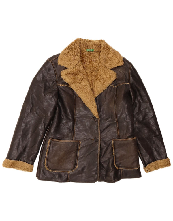 Benetton Giacca Sherpa da donna in ecopelle IT 46 Large Marrone Poliacrilico