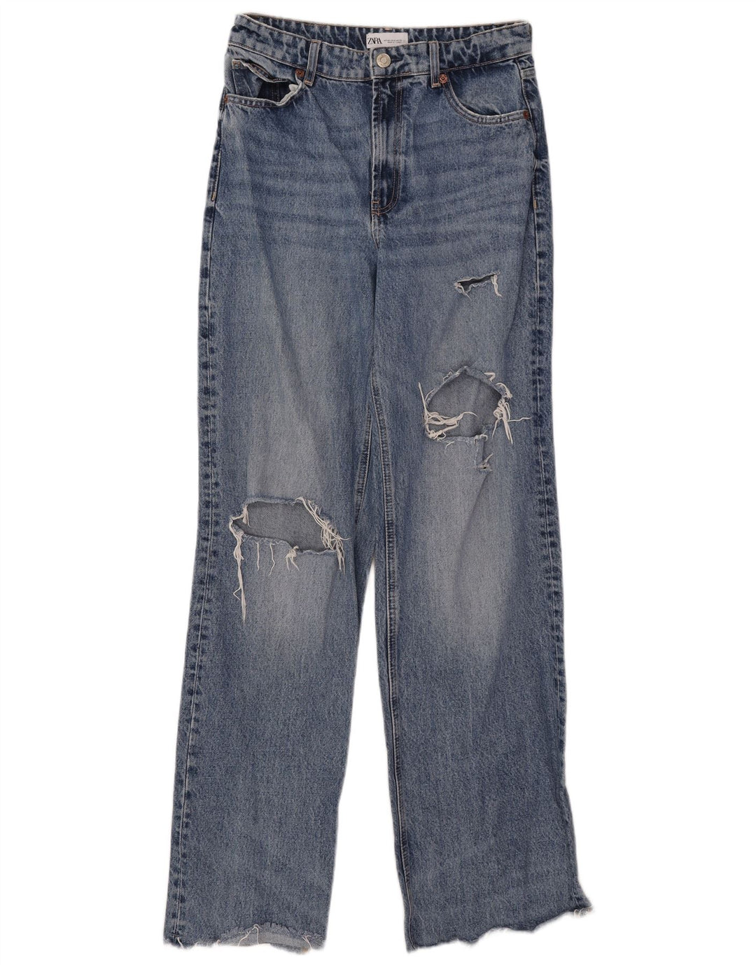 Jeans Zara da donna a gamba larga effetto invecchiato EU 40 medio W30 L33 cotone blu