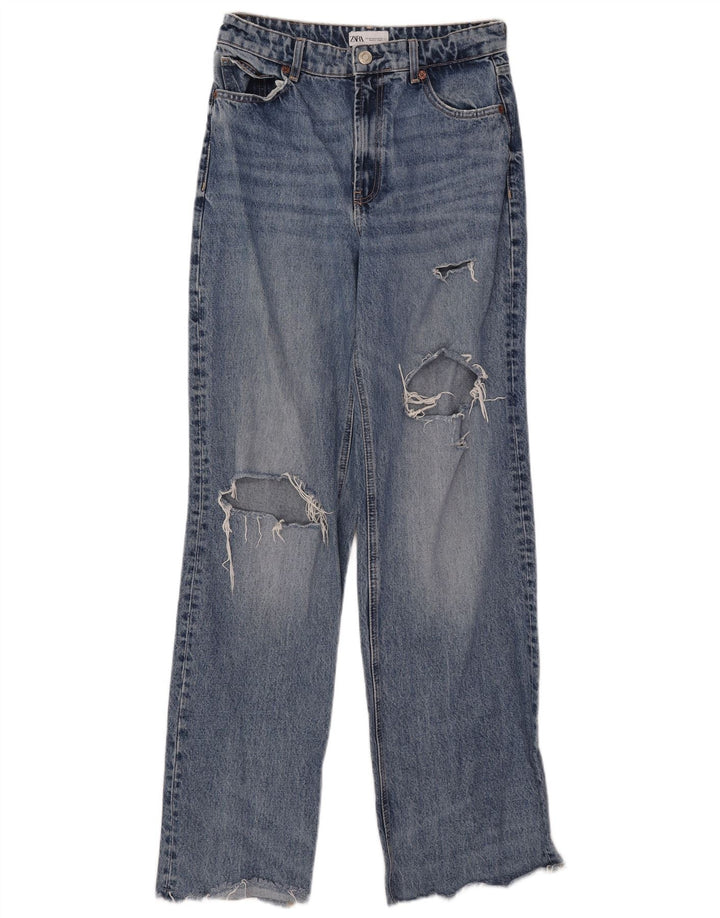 Jeans Zara da donna a gamba larga effetto invecchiato EU 40 medio W30 L33 cotone blu