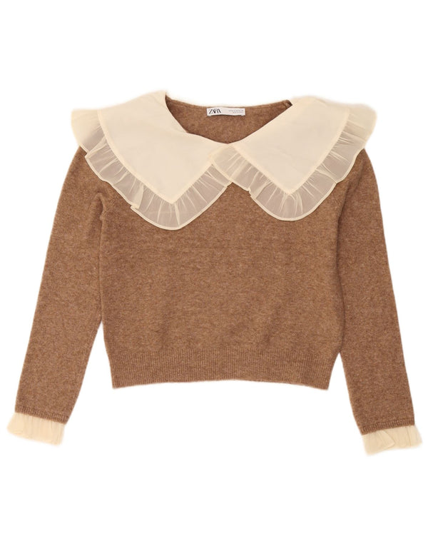 Maglione corto con scollo a barca da donna Zara UK 12 Blocco colore marrone medio