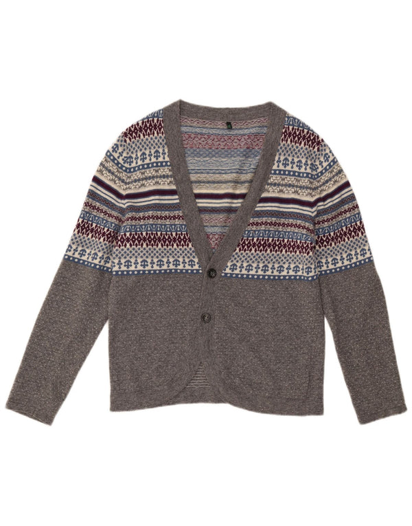 Maglione cardigan da donna Benetton UK 14 Lana Fair Isle grigio medio