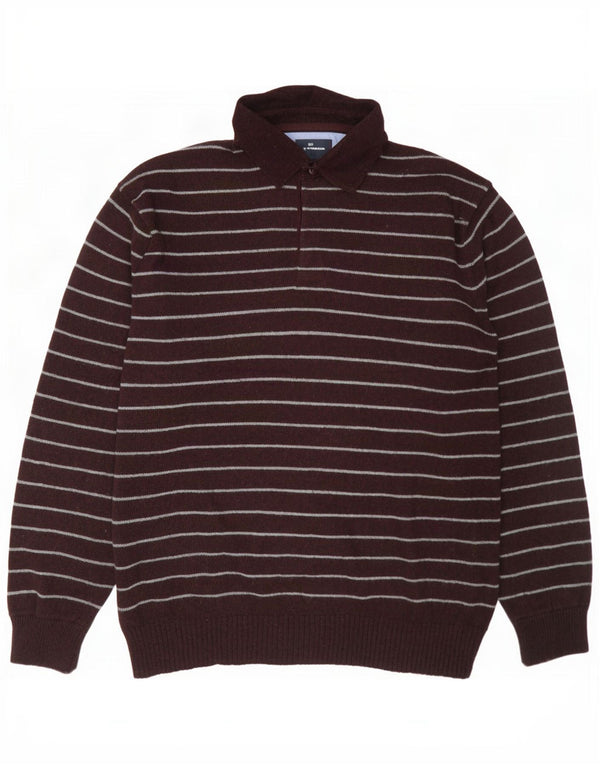 Marks & Spencer Mens Polo Neck Jumper Sweater Large Burgundy Striped Wool