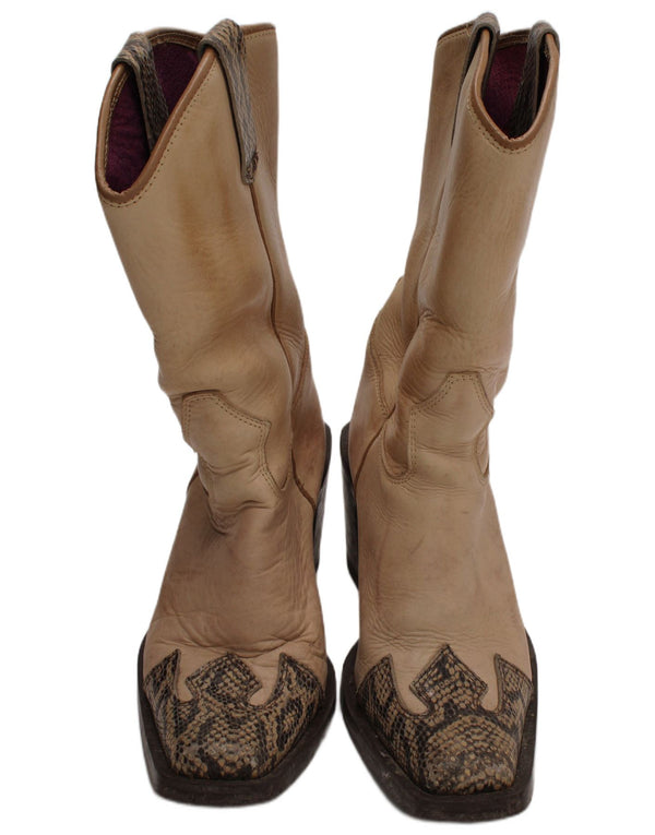 Stivali da cowboy in pelle vintage da donna taglia UK 6 Beige con stampa animalier western