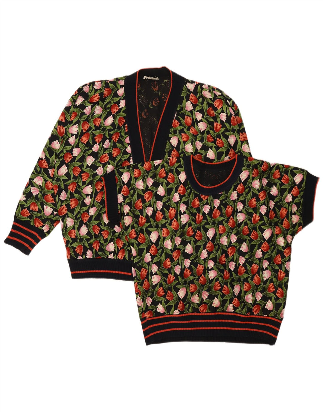 Set da 2 pezzi vintage da donna UK 14 medio nero floreale
