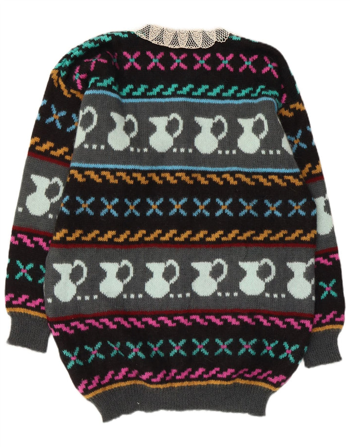 Maglione cardigan con motivo astratto da donna vintage UK 10 piccolo multicolore