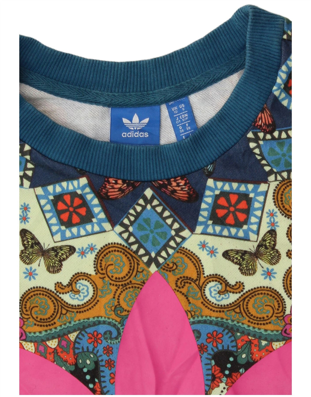 Felpa da donna con motivo astratto Adidas, maglione UK 10, piccolo blu bohémien