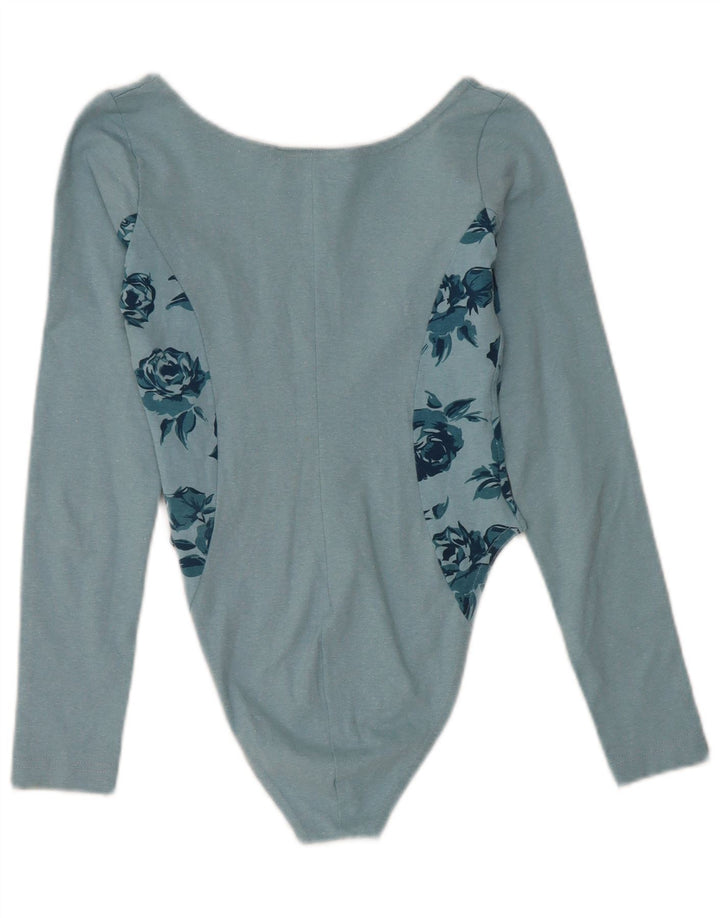 VINTAGE Womens Long Sleeve Bodysuit UK 8 Small Blue Floral