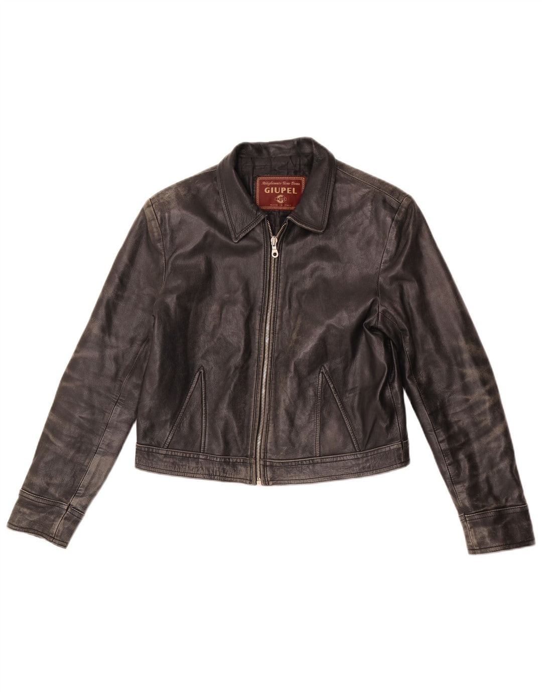 Giacca in pelle corta da donna vintage UK 14 in pelle nera media