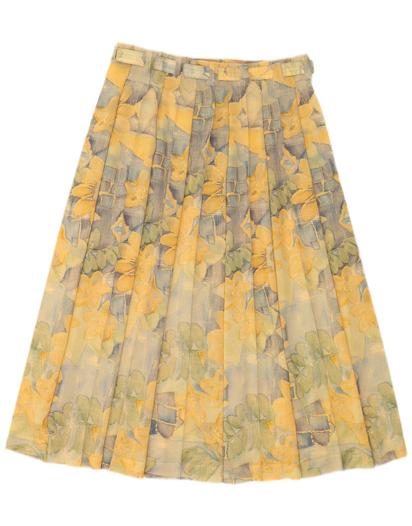 Vintage Womens Pleated Skirt  W28 Medium Yellow Floral Virgin Wool