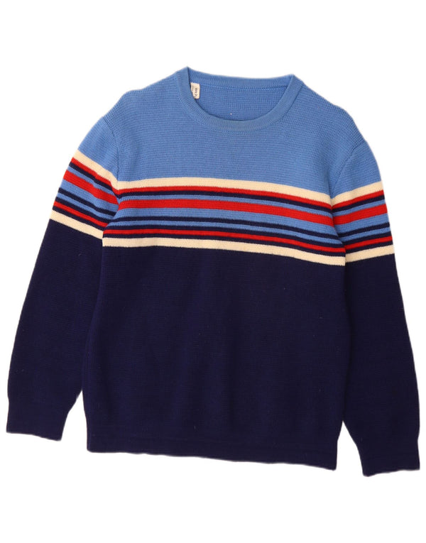 Maglione maglione vintage da donna con scollo a barca UK 12 Lana nuova a righe blu medio