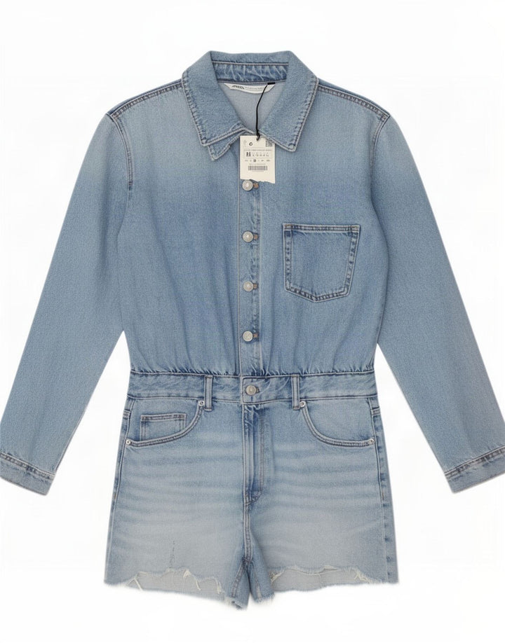 Tutina corta in denim da donna Zara UK 12 cotone blu medio