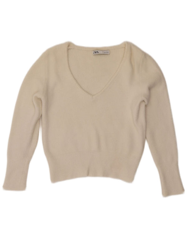 Maglione corto con scollo a V da donna Zara UK 12 nylon bianco sporco medio