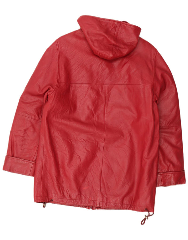 Cappotto in pelle con cappuccio da donna vintage UK 12 rosso medio