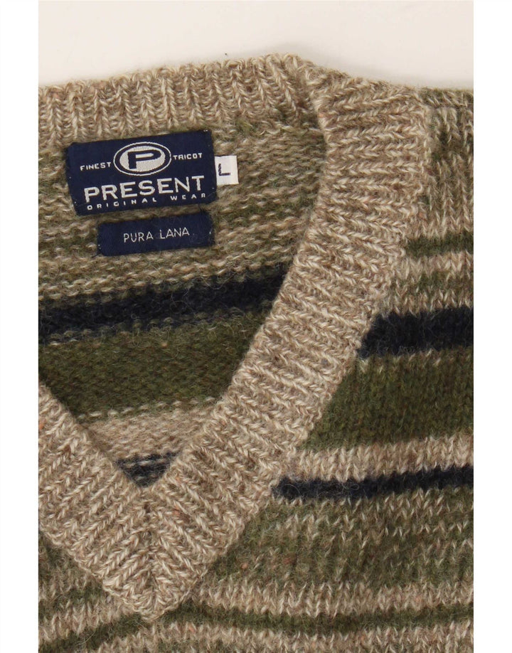 Maglione vintage da uomo con scollo a V, lana a righe grandi color kaki