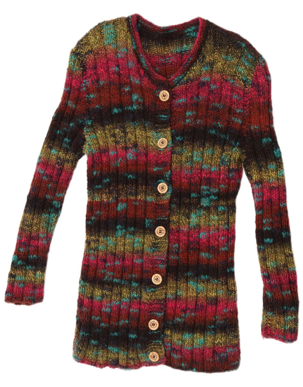 Maglione cardigan lungo da donna vintage UK 10 piccolo multicolore chiazzato