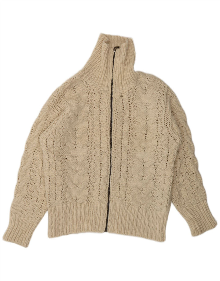 Maglione cardigan con zip intera da uomo con cartolina postale piccolo in lana bianco sporco