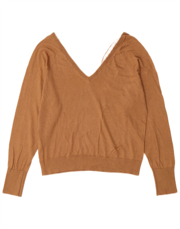 Maglione corto con scollo a V da donna Zara UK 12 Lyocell marrone medio