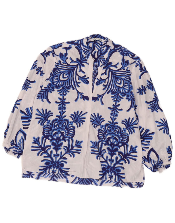 ZARA Camicetta a Maniche Lunghe da Donna Top UK 16 Grande Cotone Floreale Blu
