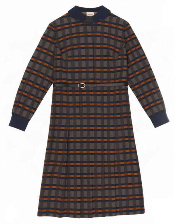 Abito a trapezio a maniche lunghe da donna vintage IT 42 Poliestere a quadri grigio medio