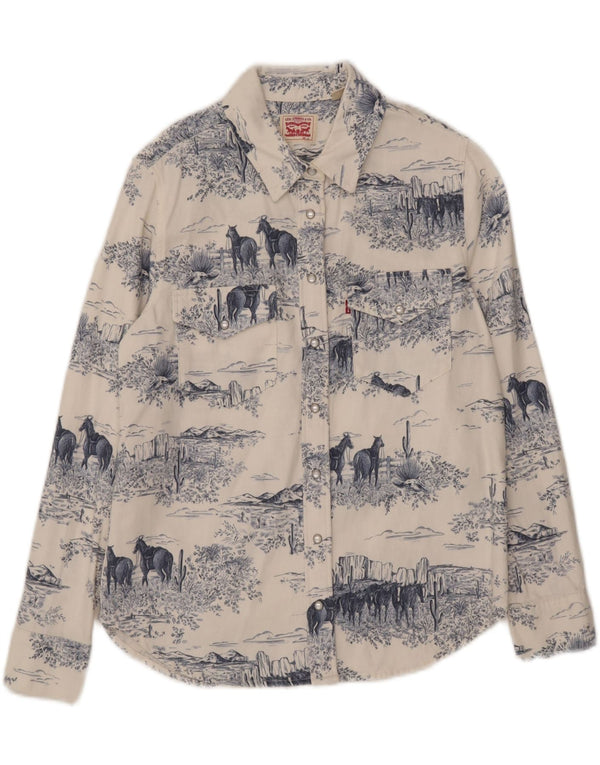 Levi's Camicia in denim grafico da donna UK 10 Piccolo cotone con stampa animalier bianco sporco