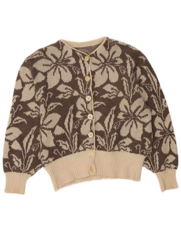 Vintage Womens Crop Cardigan Sweater UK 16 Large Beige Floral