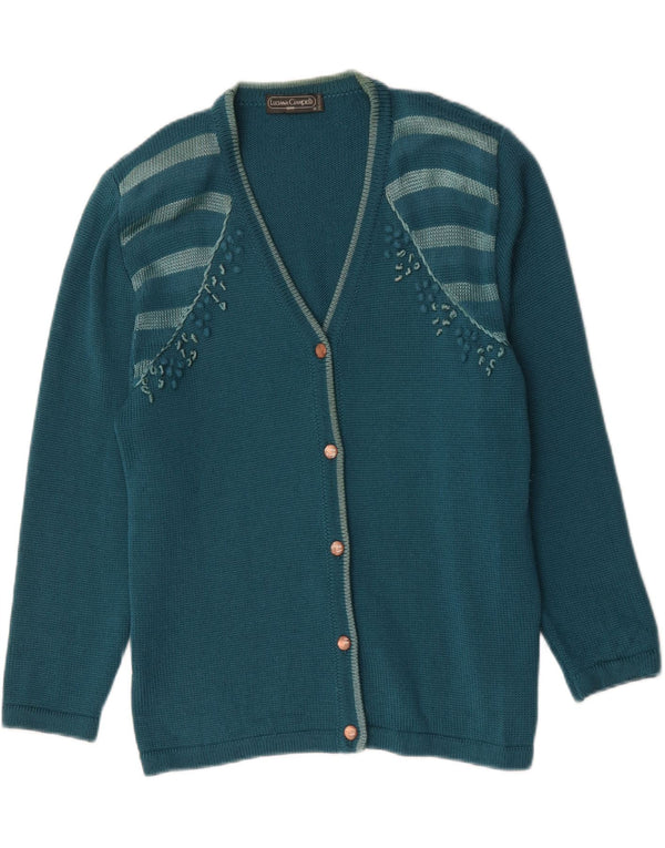 Maglione cardigan da donna vintage UK 14 grande lana a righe blu