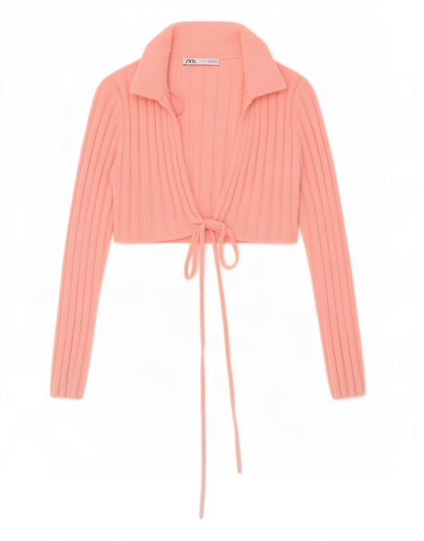 Top cardigan corto con allacciatura frontale da donna Zara UK 10 piccolo nylon rosa