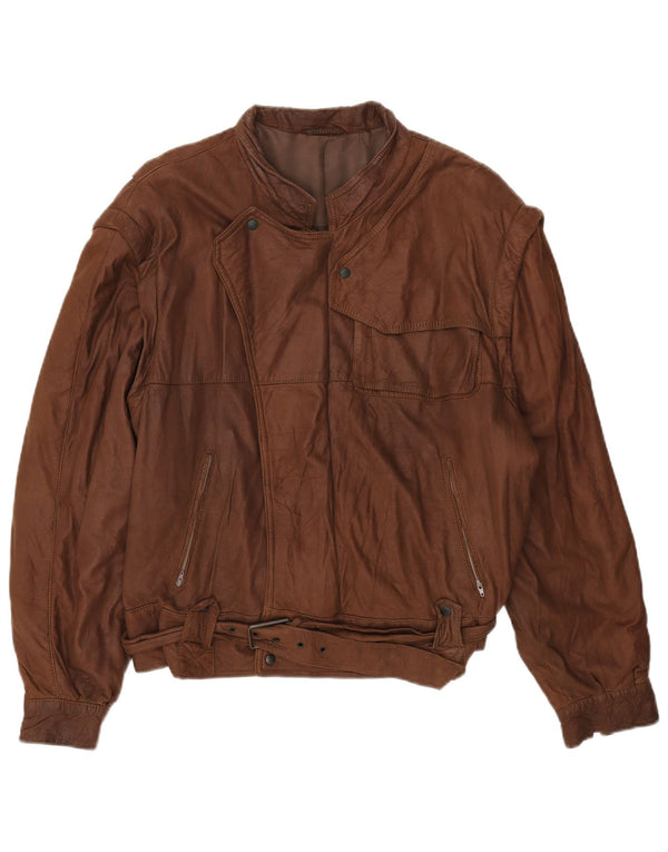 Giacca in pelle vintage da uomo vestibilità ampia IT 48 in pelle marrone medio