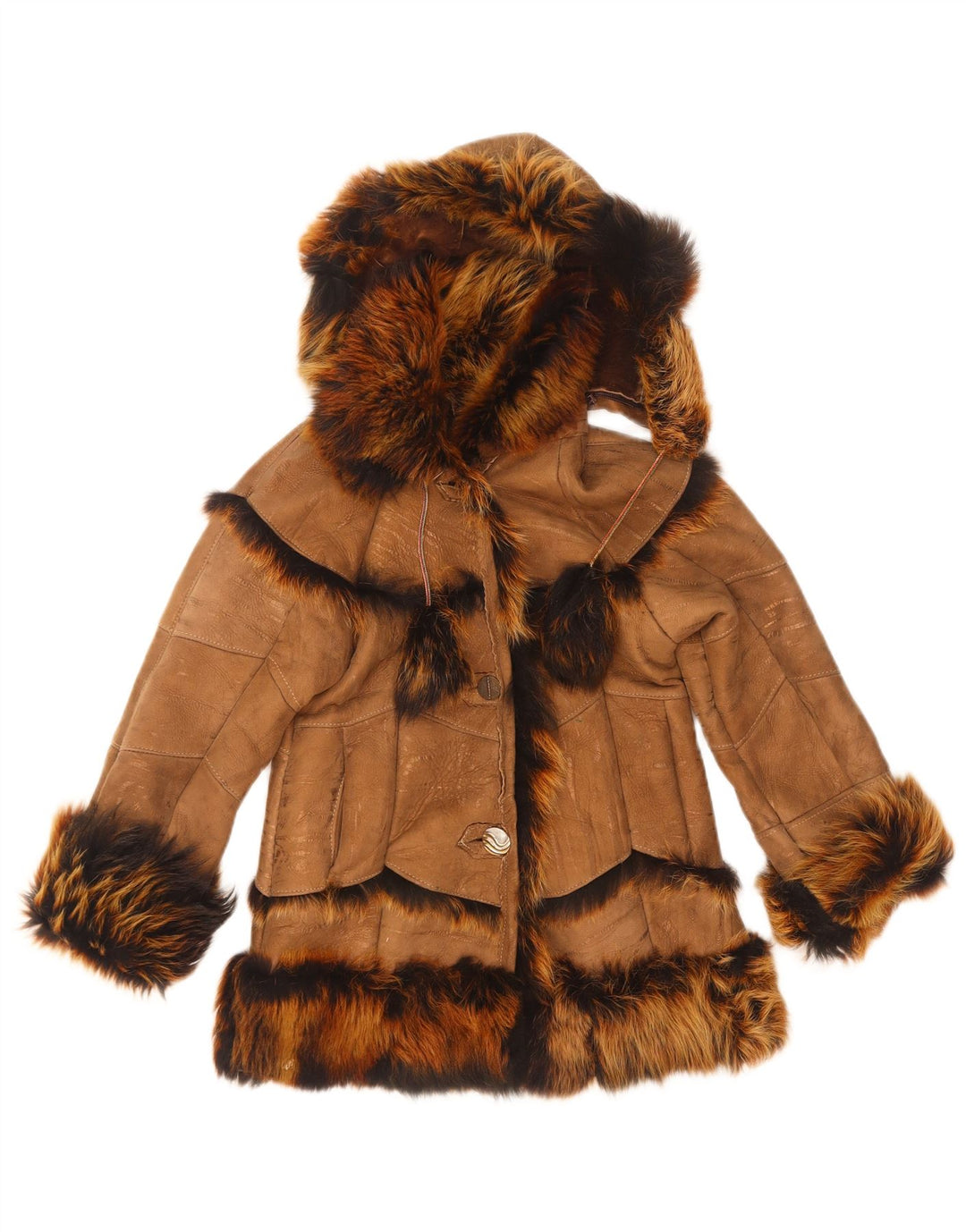 Giubbotto vintage in shearling con cappuccio per bambina 7-8 anni Marrone