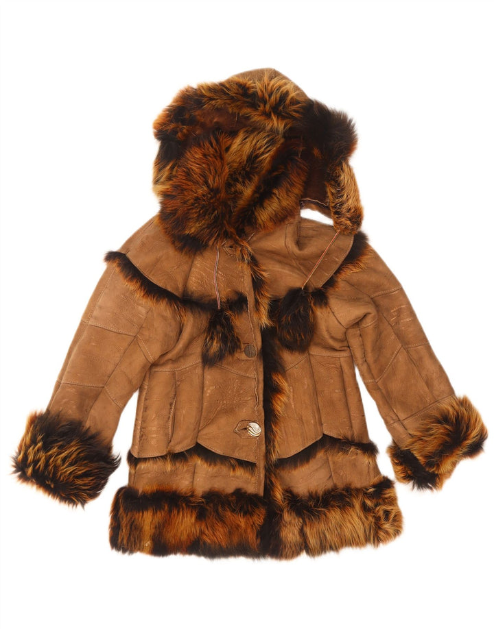 Giubbotto vintage in shearling con cappuccio per bambina 7-8 anni Marrone