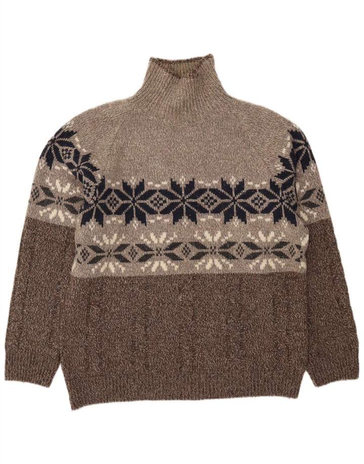 Maglione maglione vintage da uomo con collo alto XL lana Fair Isle marrone