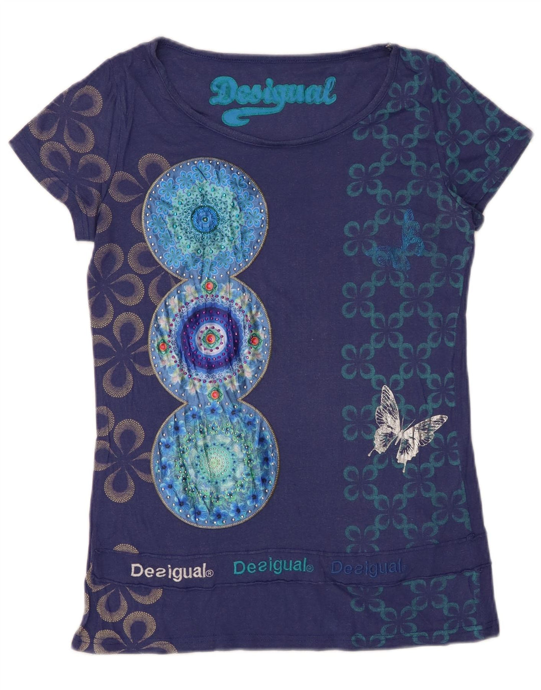 DESIGUAL T-shirt grafica da donna Top UK 12 Medium Blu Navy Floreale