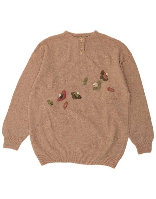 Maglione da donna VINTAGE con collo a bottoni UK 14 Beige medio floreale