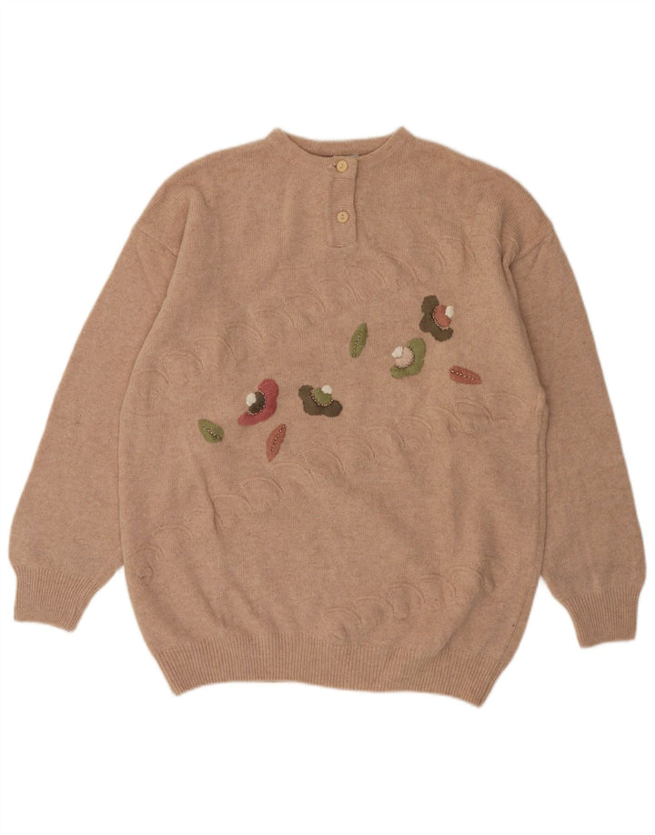 Maglione da donna VINTAGE con collo a bottoni UK 14 Beige medio floreale