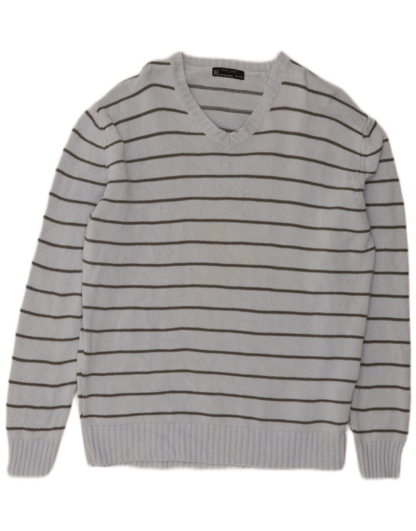 Maglione Zara da uomo con scollo a V XL in cotone a righe blu