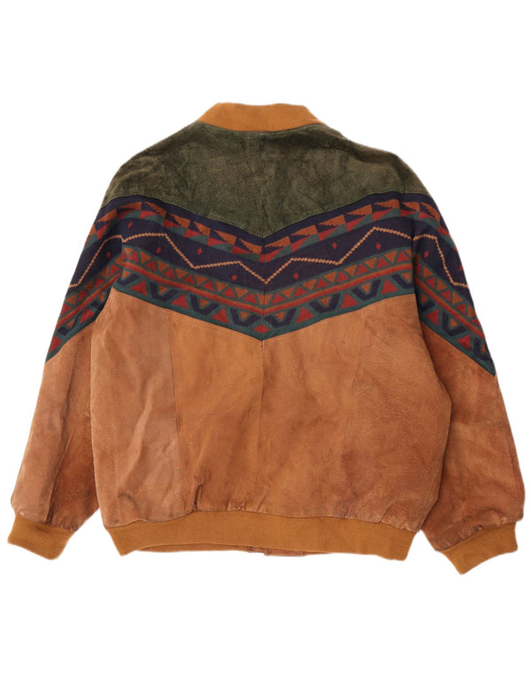 Giubbotto bomber in pelle scamosciata dal taglio ampio da uomo vintage UK 38 Beige medio geometrico