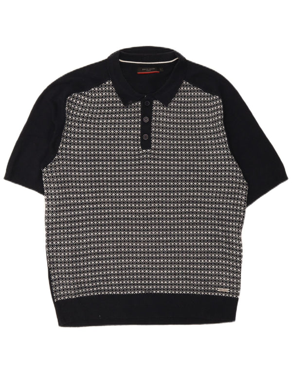 Pierre Cardin Mens Polo Neck Jumper Sweater Large Navy Blue Geometric