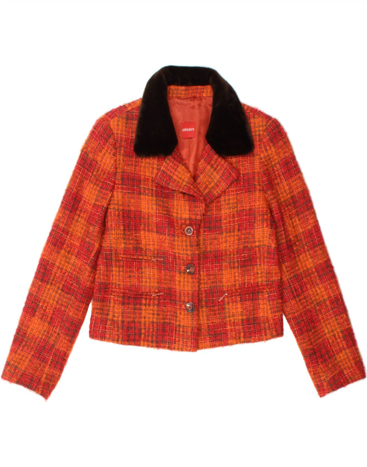 OLSEN Womens Crop 3 Button Blazer Jacket UK 8 Small Red Check Virgin Wool Vintage Olsen and Second-Hand Olsen from Messina Hembry 