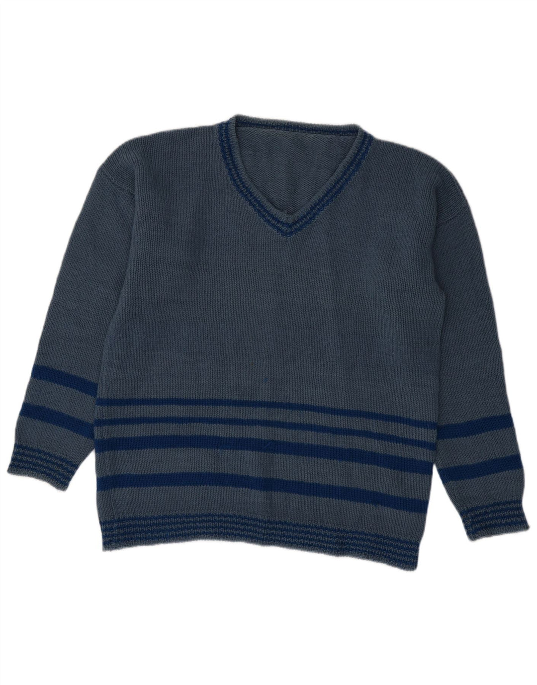 VINTAGE Maglione da uomo con scollo a V a righe grandi blu