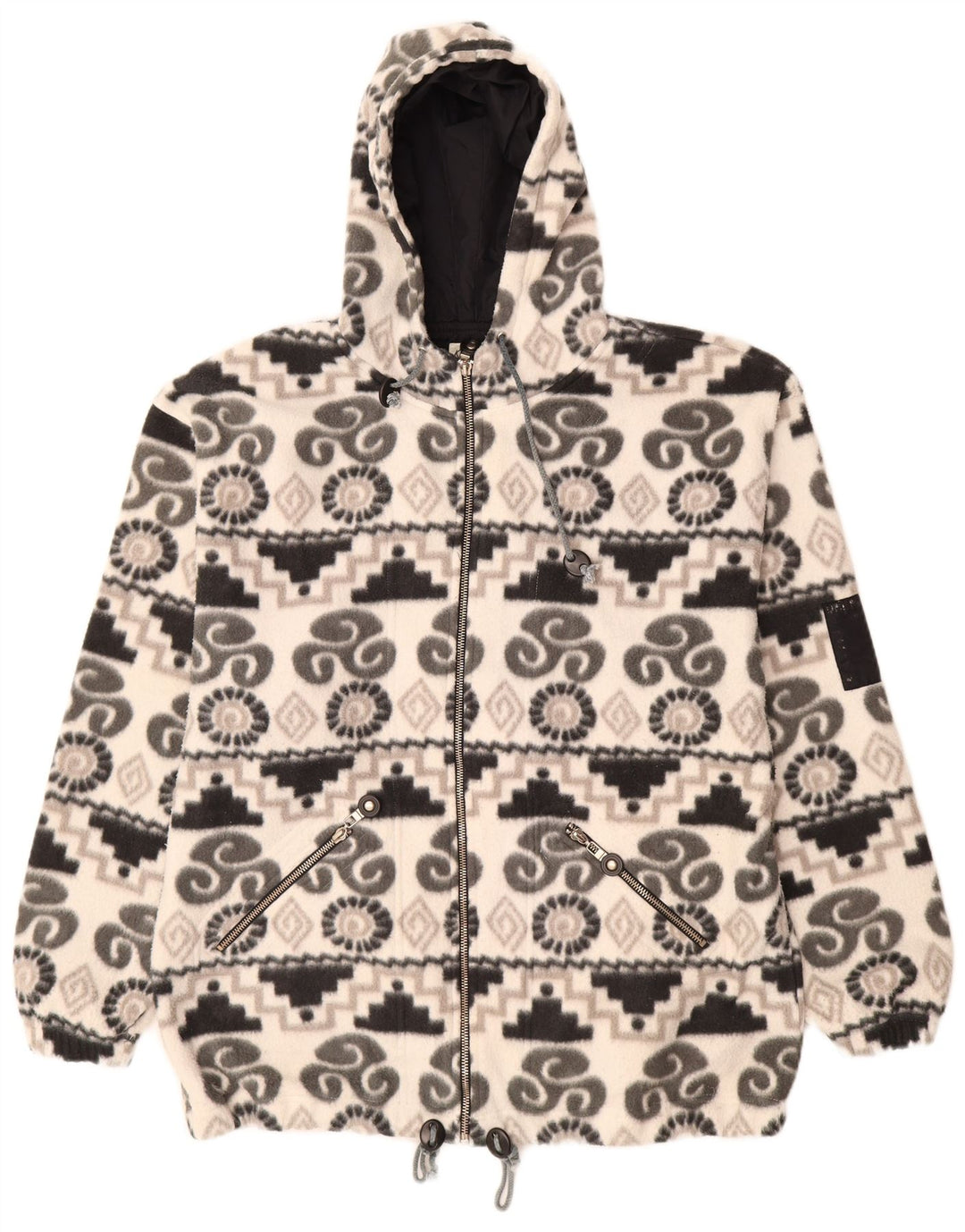 KNOCK OUT Giacca in pile con cappuccio da donna UK 14 Medio Bianco geometrico