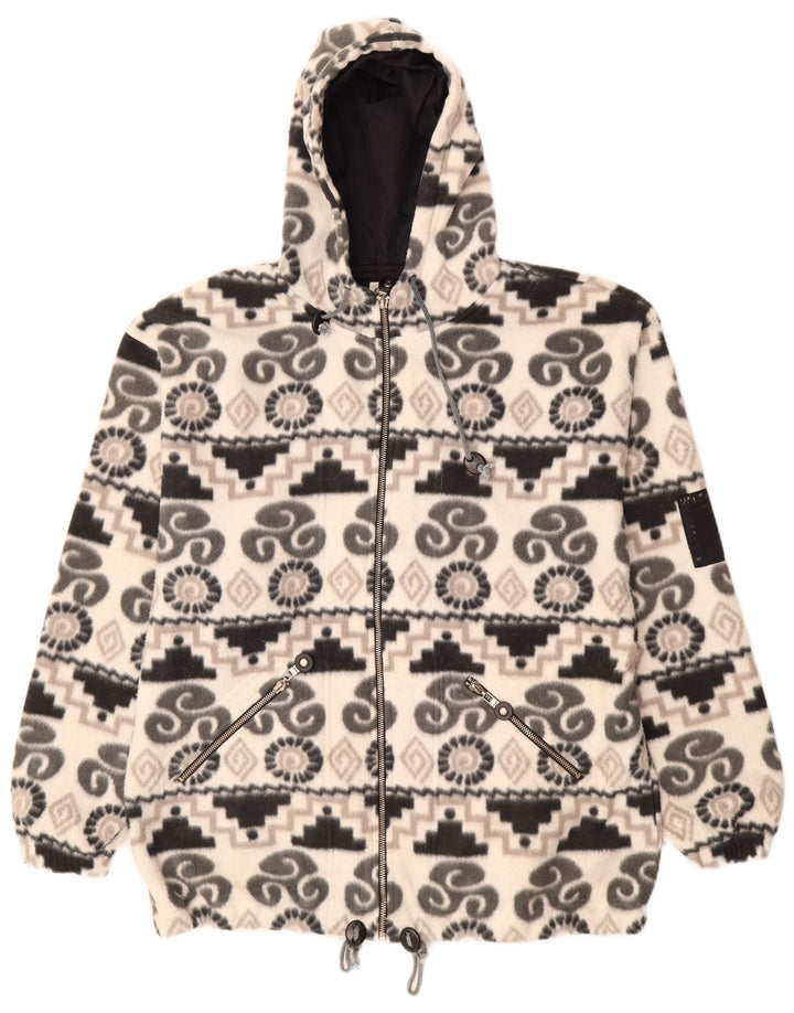 KNOCK OUT Giacca in pile con cappuccio da donna UK 14 Medio Bianco geometrico