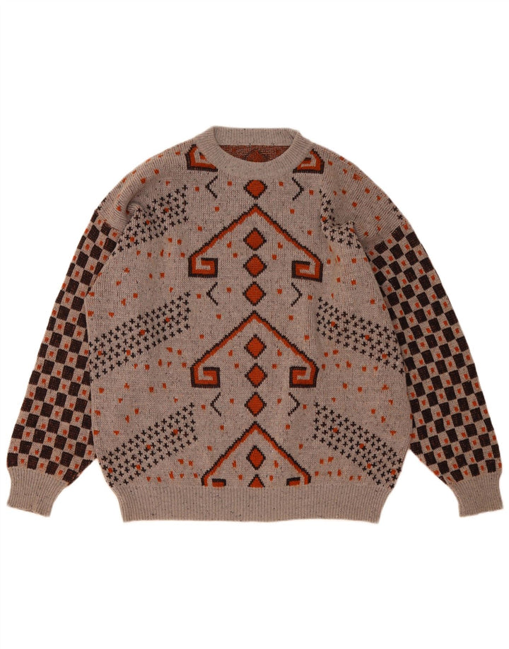 Maglione girocollo da uomo vintage IT 52 Lana geometrica grigia grande