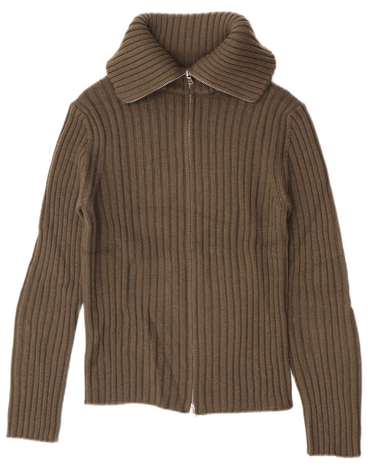 Maglione cardigan con collo alto da donna Benetton UK 10 piccolo lana kaki