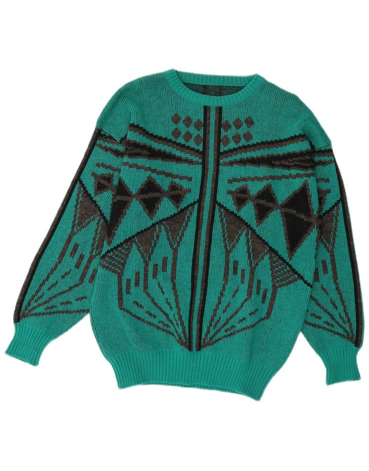 Maglione maglione girocollo da donna vintage IT 54 Lana geometrica verde grande