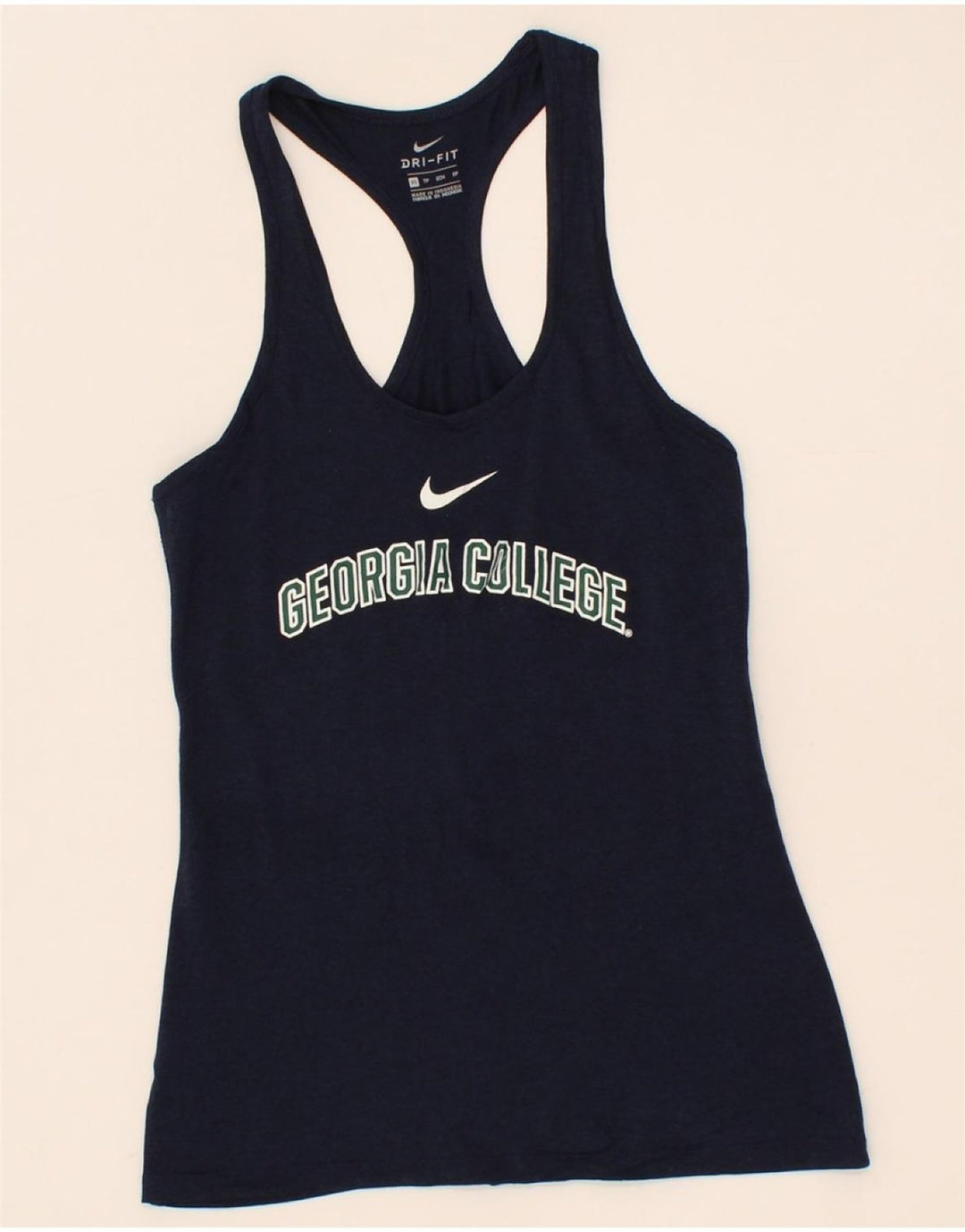 NIKE Womens Dri Fit Graphic Vest Top UK 4 XS Navy Blue Polyester Vintage Nike and Second-Hand Nike from Messina Hembry 