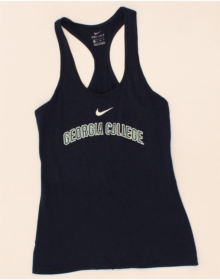 NIKE Womens Dri Fit Graphic Vest Top UK 4 XS Navy Blue Polyester Vintage Nike and Second-Hand Nike from Messina Hembry 