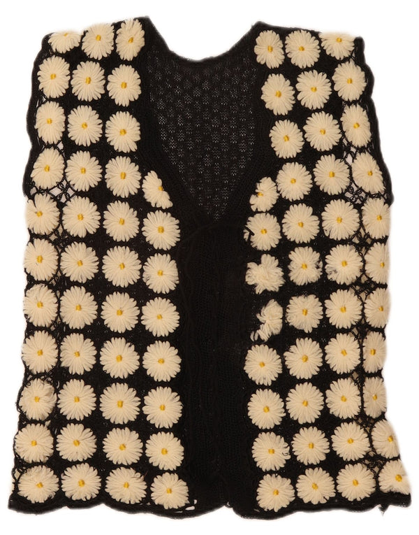 Maglione cardigan senza maniche da donna vintage UK 12 medio nero floreale