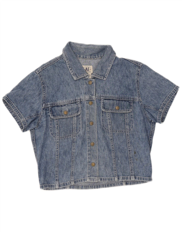 AMERICAN EAGLE Womens Crop Short Sleeve Denim Shirt UK 12 Medium Blue