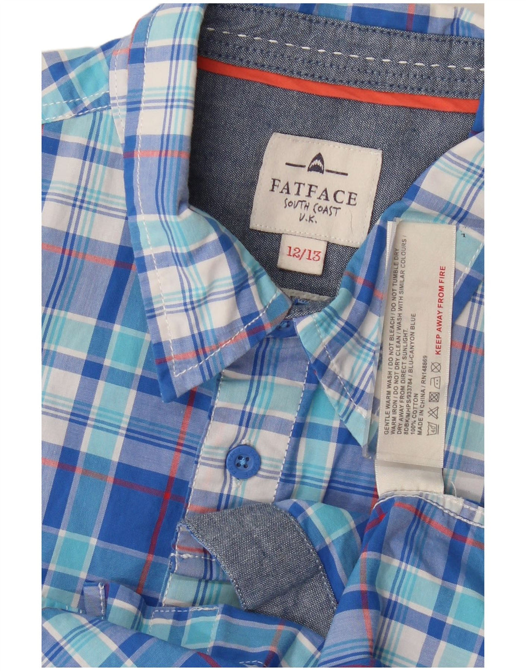 Camicia a maniche corte da ragazzo Fat Face 12-13 anni in cotone a quadri blu